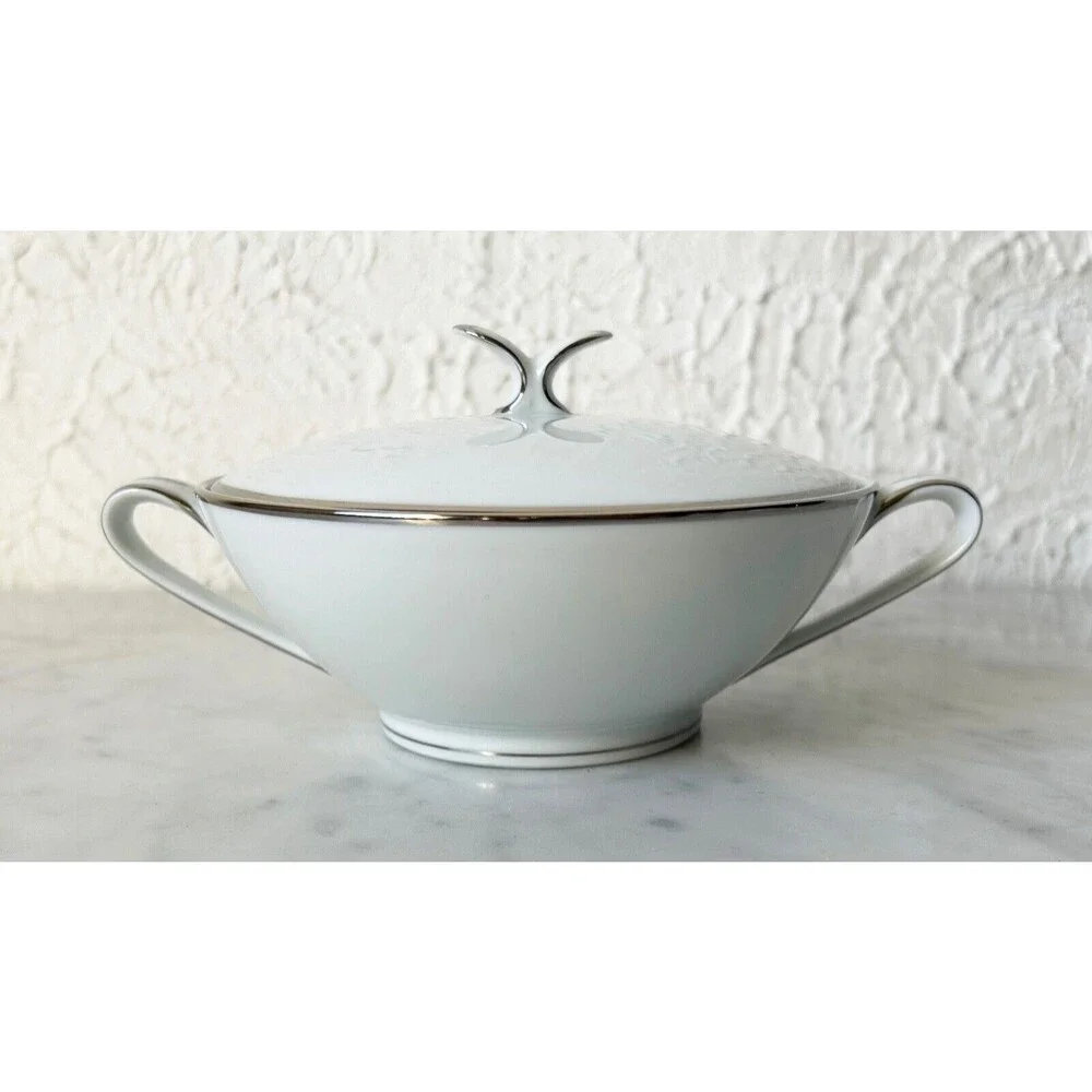 Vintage Noritake Colony China Japan Sugar Bowl & Lid White Platinum Trim